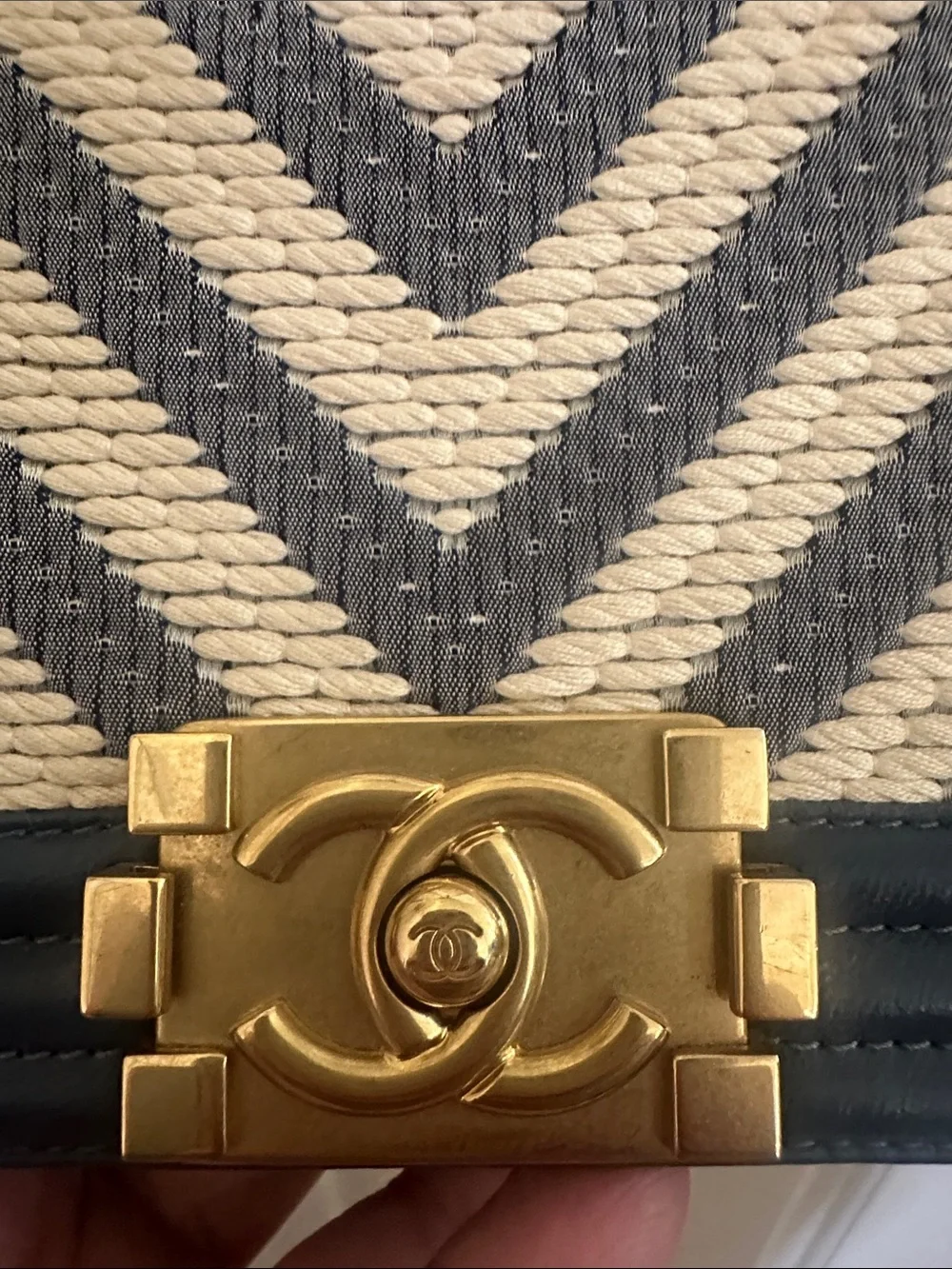 CHANEL small blue & Cream Chevron and Leather Boy Crossbody